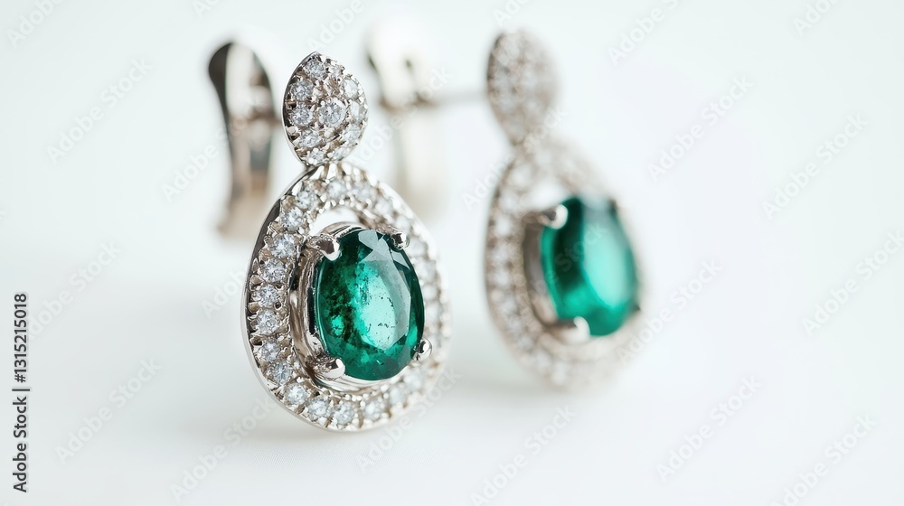 A set of delicate silver earrings with small emerald stones on a white isolated background A set of delicate silver earrings with small emerald stones on a white isolated background