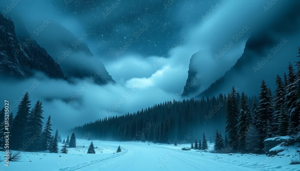 Serene Winter Night Snow-Covered Pathway Winding Through a Mystical Fog-Shrouded Mountain Valley Under a Starry Sky Serene Winter Night Snow-Covered Pathway Winding Through a Mystical Fog-Shrouded Mountain Valley Under a Starry Sky