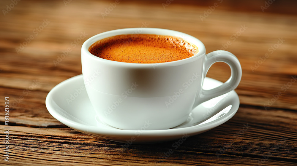 Espresso in white cup on wooden table Espresso in white cup on wooden table