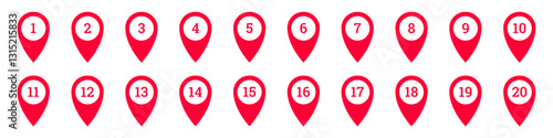 Icon set featuring red map markers numbered from one to twenty. simple and easily recognizable.