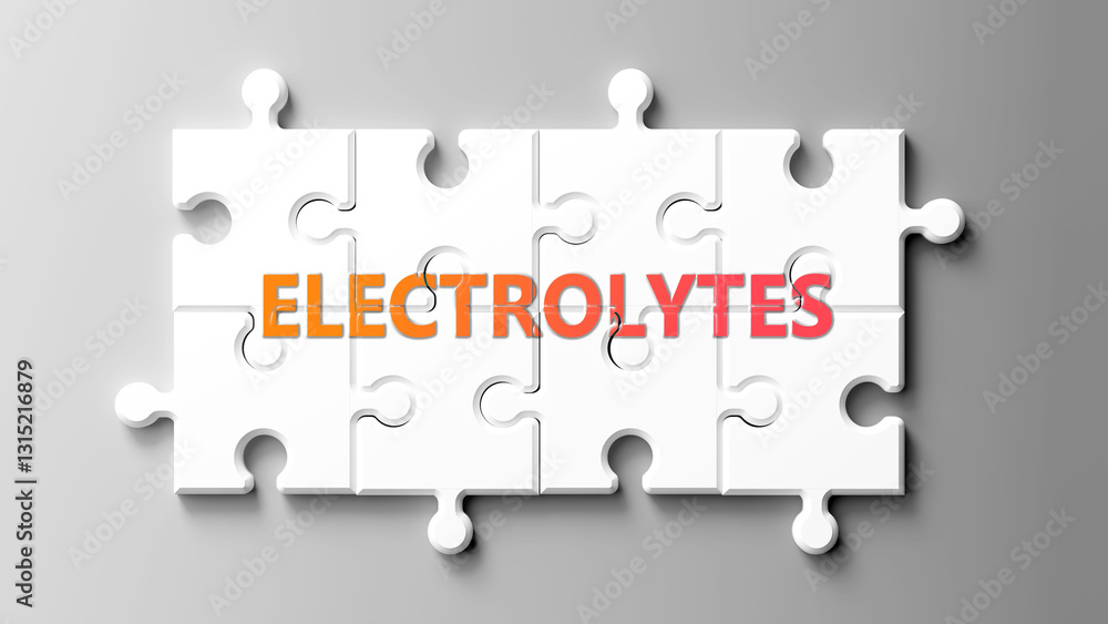 Electrolytes complex like a puzzle - pictured as word electrolytes on a puzzle pieces to show that electrolytes is complex and needs cooperating pieces that fit together. ,3d illustration Electrolytes complex like a puzzle - pictured as word electrolytes on a puzzle pieces to show that electrolytes is complex and needs cooperating pieces that fit together. ,3d illustration