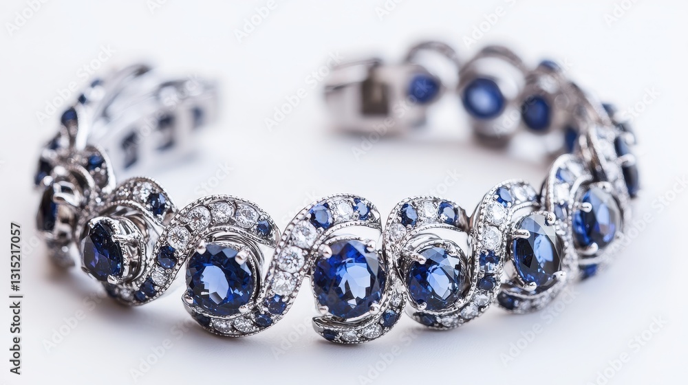A close-up of a luxury bracelet with a mix of diamonds and sapphires on a white isolated background A close-up of a luxury bracelet with a mix of diamonds and sapphires on a white isolated background