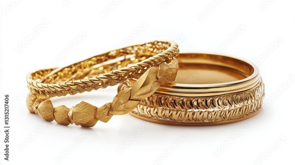 A collection of chunky gold bracelets with unique designs on a white isolated background A collection of chunky gold bracelets with unique designs on a white isolated background