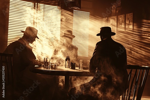 Comic Book Graphic Art Novel Illustration Design. Gangsters Office Meeting. Noir Style Black Yellow White Monochrome 