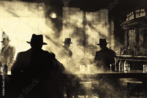 Comic Book Graphic Art Novel Illustration Design. Gangsters Office Meeting. Noir Style Black Yellow White Monochrome 