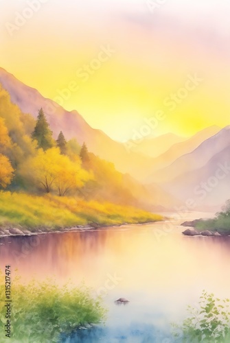The quiet tranquil river in the mountain valley in the morning, reflections of trees and mountains in the river water