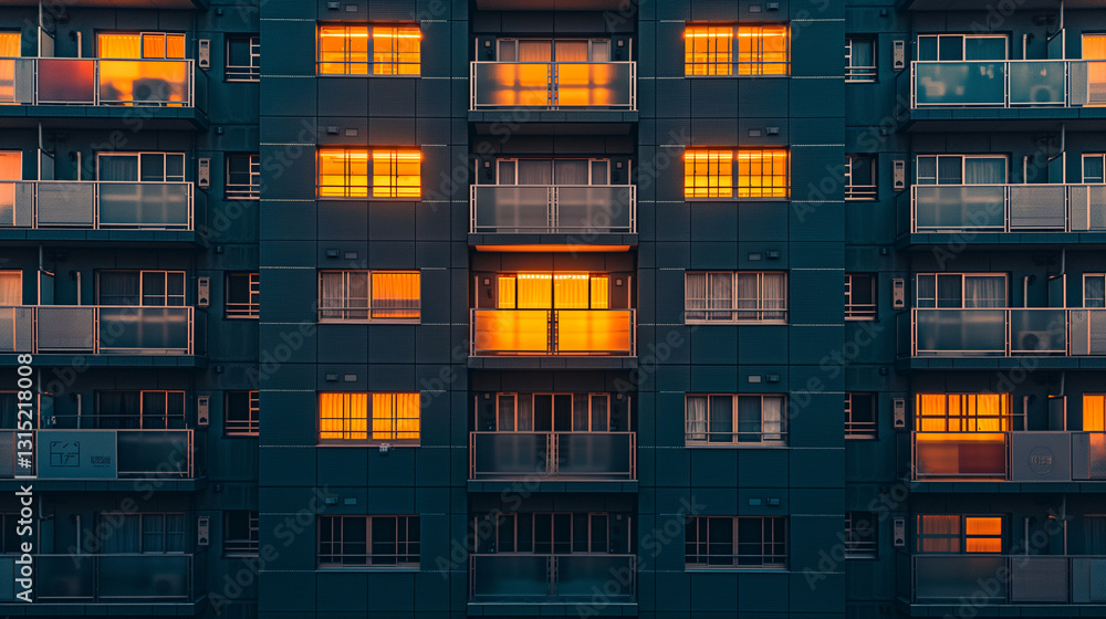 Modern apartment building at sunset with illuminated windows Modern apartment building at sunset with illuminated windows