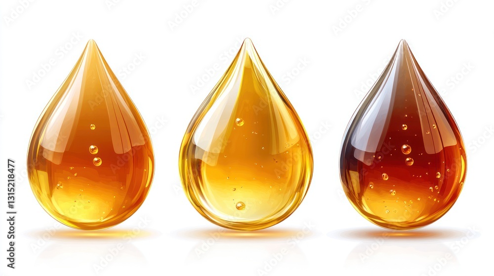 Three glossy honey drops, amber, light, and dark. Three glossy honey drops, amber, light, and dark.