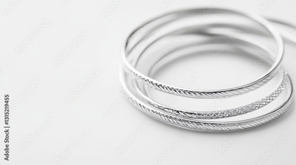 A set of silver bracelets with minimalist designs on a white isolated background