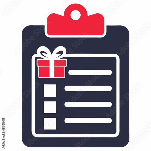 Clipboard with red top featuring small gift box and white checklist. Concept: holiday shopping, gift tracking, present organization, Christmas shopping, birthday planning, and gift registry services