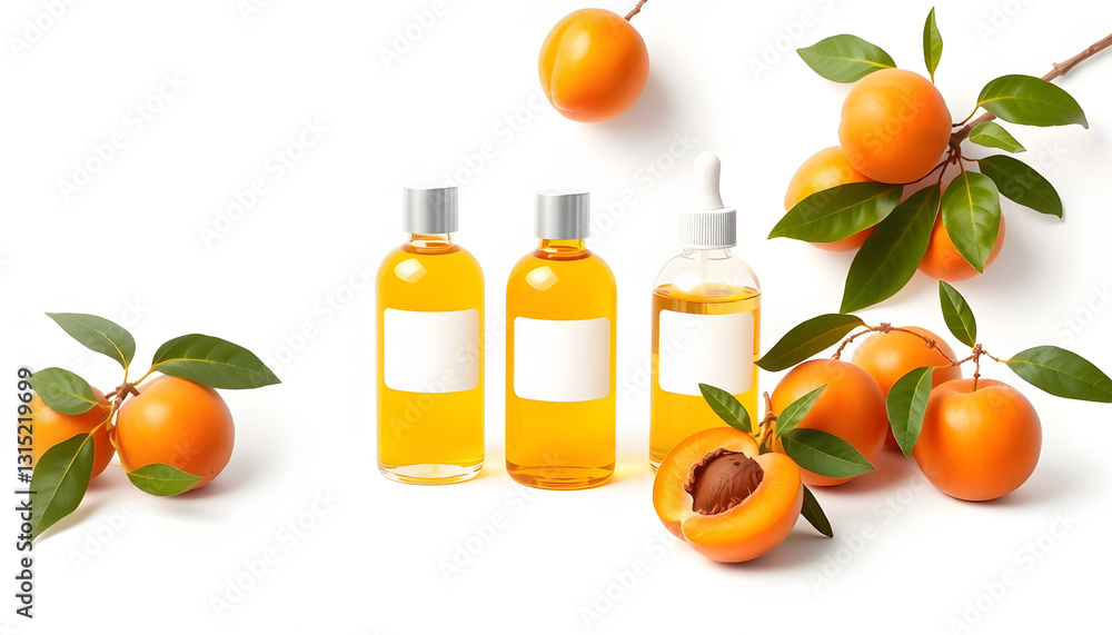 Bottles of cosmetic oil with fresh apricots on white background, clipart style. with white shades Bottles of cosmetic oil with fresh apricots on white background, clipart style. with white shades