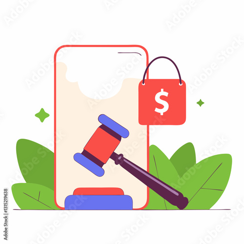 Gavel and dollar shopping bag overlaid on smartphone with green leaf frame. Flat illustration combines legal and commerce elements. Concept online auctions, e-commerce law, purchase dispute resolution