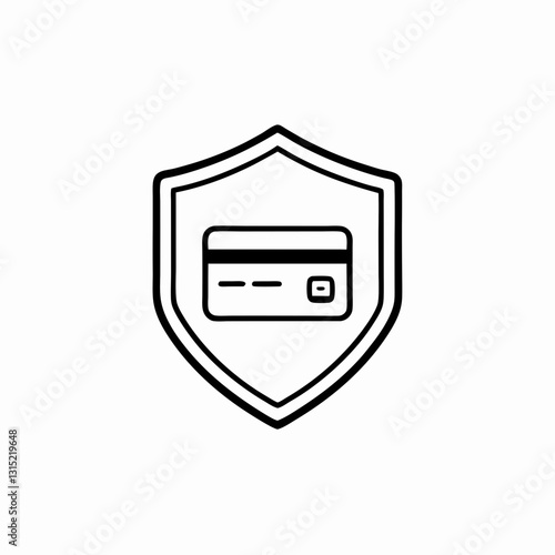 Credit card protected inside shield outline. Simple line drawing illustrating secure payment technology. Concept banking security, e-commerce protection, fraud prevention.