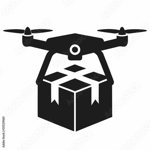 Drone delivers package in black and white illustration. Four rotors and camera visible as it securely holds parcel below. Concept logistics technology, modern delivery, automated shipping.