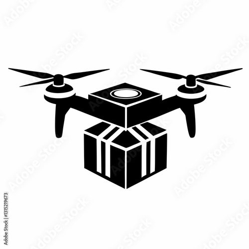 Flying drone with suspended box illustrates futuristic shipping, smart delivery and unmanned cargo. Concept: last mile logistics, drone commerce, tech innovation
