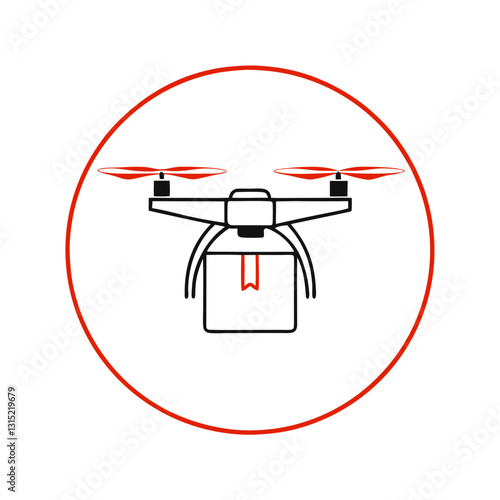 Drone carries package within red circle backdrop. Black and white design with red propellers suggesting movement. Concept delivery service, logistics technology, modern shipping.