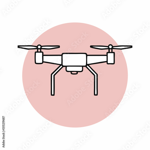 Quadcopter drone outlined in black on pale pink circle. Bird's-eye view shows four rotors, central body, and landing gear. Concept aerial photography, drone delivery, technology innovation.