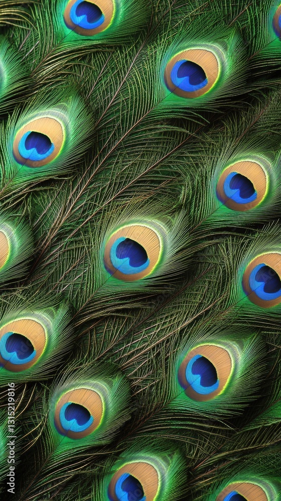 Obraz premium Captivating close-up of peacock tail feathers displaying a stunning array of colors and patterns in macro photography