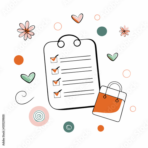 Cute flatlay with checklist, hearts and bag shows female lifestyle planning, daily tasks or wishlist creation in warm light. Concept: women’s planning, lifestyle, blogging