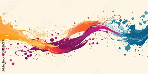 Dynamic vibrant color stream with paint splatters on neutral canvas