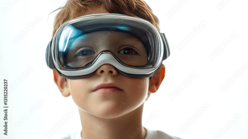 Boy wearing large goggles looking forward. Boy wearing large goggles looking forward.