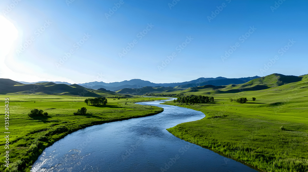 Vibrant Green Valley Landscape with Winding River Vibrant Green Valley Landscape with Winding River