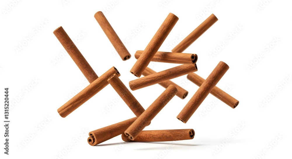 Falling cinnamon sticks isolated on white background Falling cinnamon sticks isolated on white background