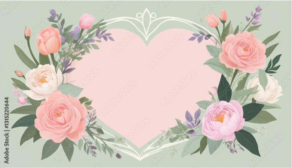 Beautiful Pink Heart Background Vector Design with Female Pink Flowers Frame For Greeting Card, Mother's Day Card, Flower and Heart Design Pastel Colors Beautiful Pink Heart Background Vector Design with Female Pink Flowers Frame For Greeting Card, Mother's Day Card, Flower and Heart Design Pastel Colors