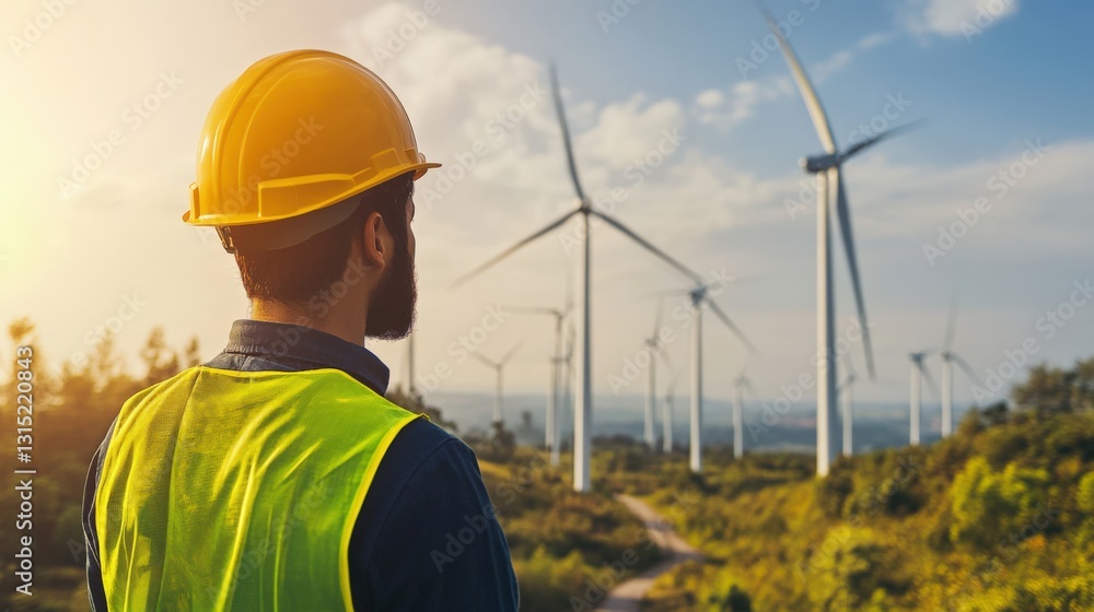 Engineer overlooking wind turbines. Engineer overlooking wind turbines.