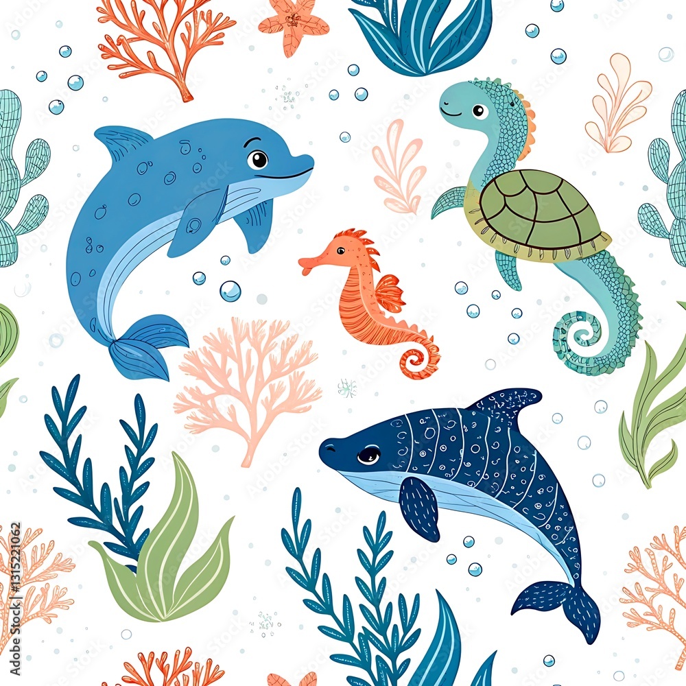 Adorable ocean animals seamless pattern with dolphins seahorse turtle coral reef underwater world Adorable ocean animals seamless pattern with dolphins seahorse turtle coral reef underwater world