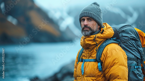 Mature man hiking in winter landscape.