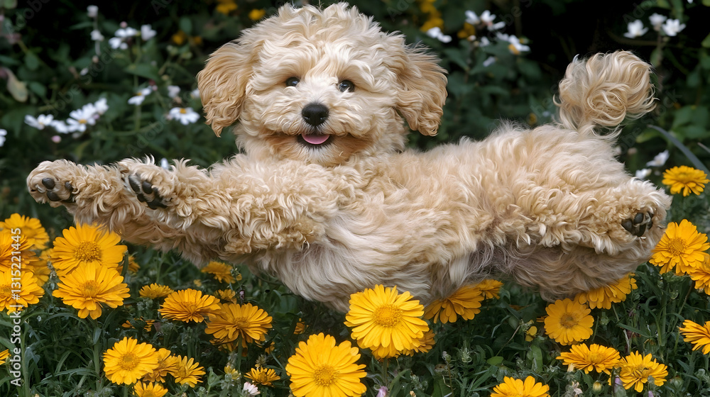 Happy poodle puppy leaps in vibrant yellow flower garden; playful pet photography for greeting cards Happy poodle puppy leaps in vibrant yellow flower garden; playful pet photography for greeting cards