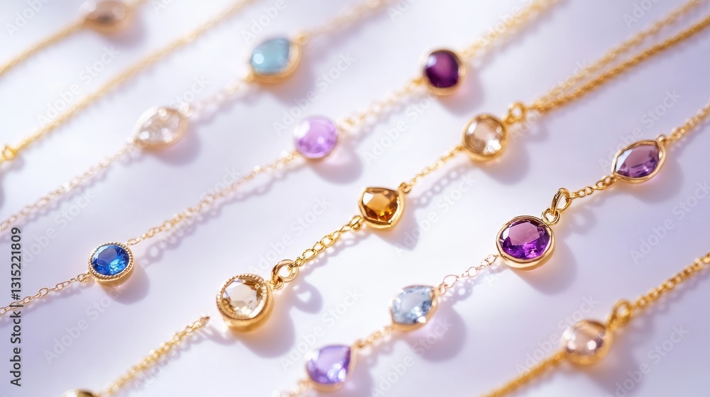 A collection of delicate gold necklaces with small gemstone pendants on a white isolated background A collection of delicate gold necklaces with small gemstone pendants on a white isolated background