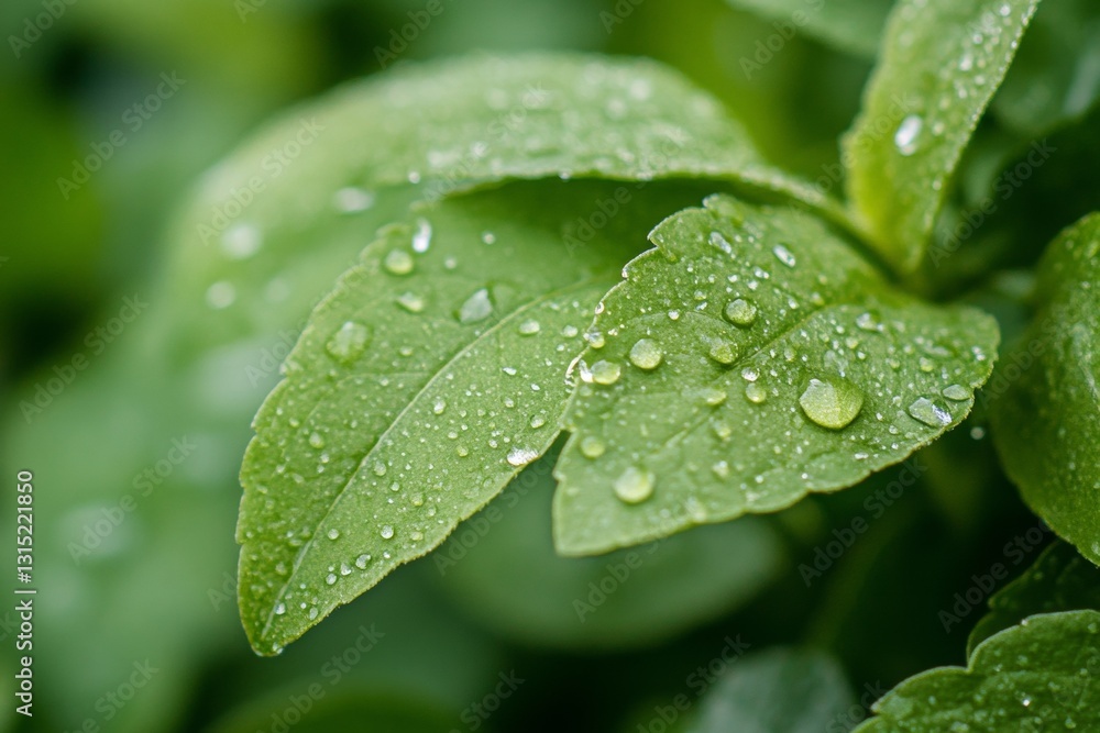 Close-up image showcasing fresh green leaves adorned with droplets of water, emphasizing the beauty of nature and the refreshing essence of growth. Close-up image showcasing fresh green leaves adorned with droplets of water, emphasizing the beauty of nature and the refreshing essence of growth.