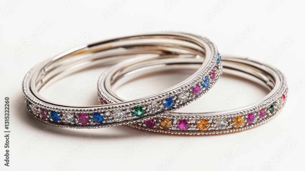 Fototapeta premium A set of silver bangles with gemstone embellishments on a white isolated background