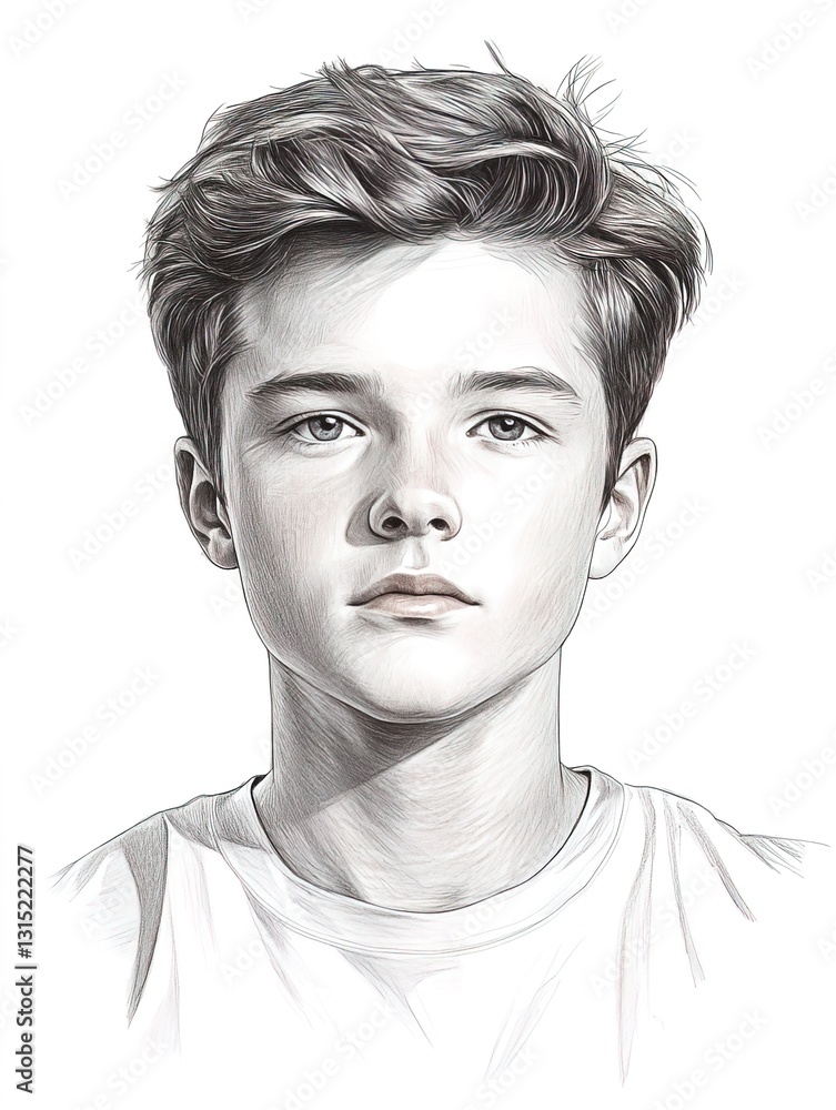 portrait of a young boy with colored pencils on a white background