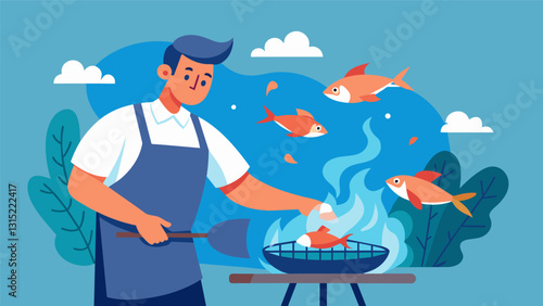 Using his trusted asado tools the grill master skillfully maneuvered the delicate fish fillets onto the grill the rich scent of herbs and garlic infusing the air.. Vector illustration