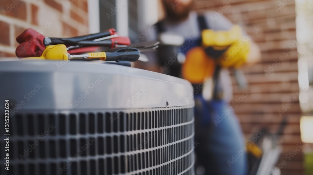 Fototapeta premium HVAC technician servicing outdoor unit with tools.