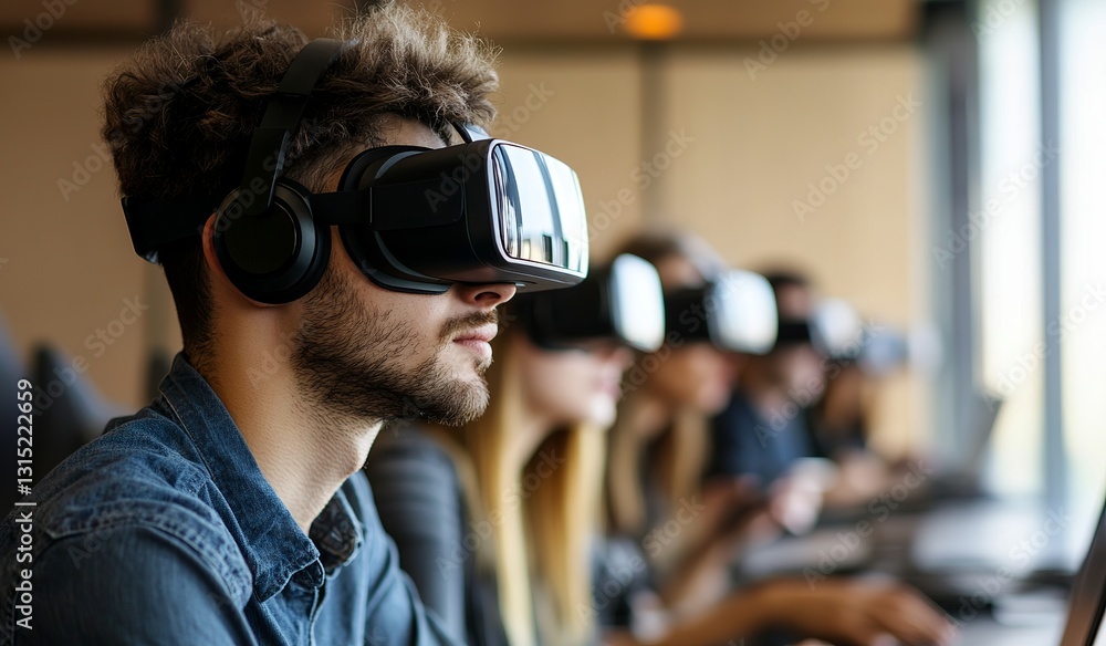 Young Man Using Virtual Reality Headset Modern Technology Innovative Experience Futuristic Digital World Immersive Simulation Advanced Device Head Young Man Using Virtual Reality Headset Modern Technology Innovative Experience Futuristic Digital World Immersive Simulation Advanced Device Head