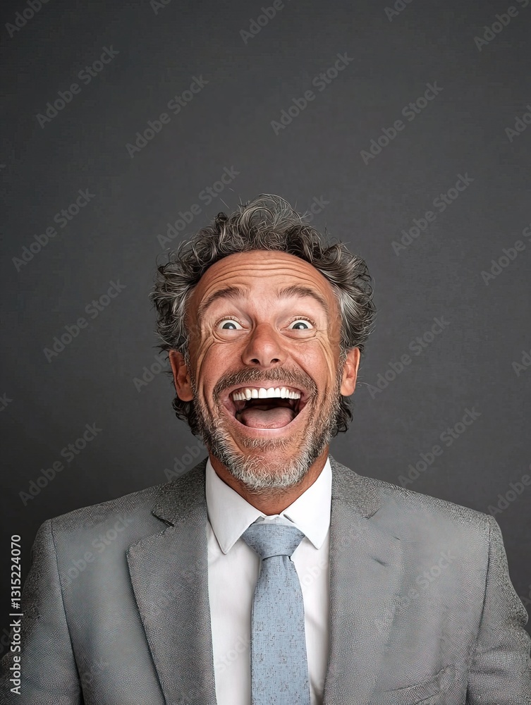 portrait of a man in a business suit in a state of euphoria