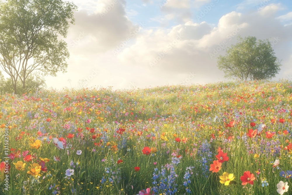 A breathtaking view of a vibrant wildflower field, showcasing a variety of colorful blooms under a soft blue sky with fluffy clouds. Perfect for nature lovers. A breathtaking view of a vibrant wildflower field, showcasing a variety of colorful blooms under a soft blue sky with fluffy clouds. Perfect for nature lovers.