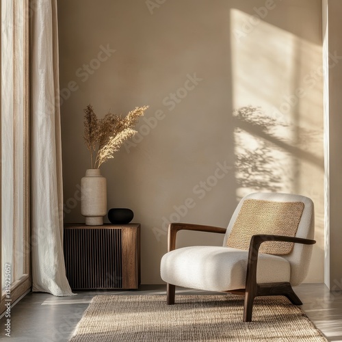 A minimalist scene showing a chair and decorative items photo