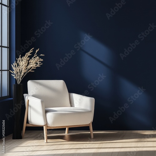 A white armchair stands in front of a navy background