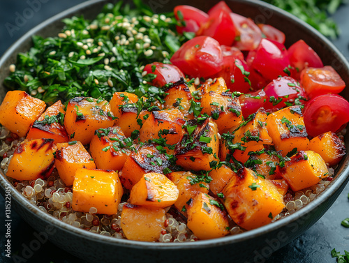 A wholesome roasted butternut squash and quinoa bowl, topped with fresh tomatoes, offering a healthy, vibrant, and flavorful meal. photo