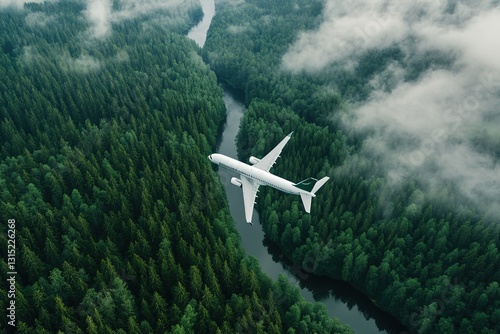 Airplane over a mountain river: An airplane flies over a river flowing through a dense forest in the mountains photo