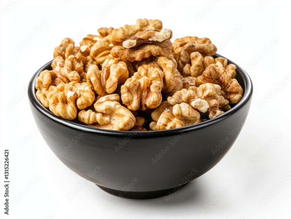 Obraz premium Fresh walnut halves in a black ceramic bowl on a white background