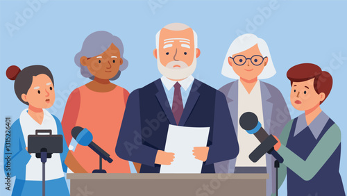 As cameras flash and journalists eagerly scribble down notes the senior advocates confidently deliver speeches at a press conference drawing attention to the challenges faced by. Vector illustration