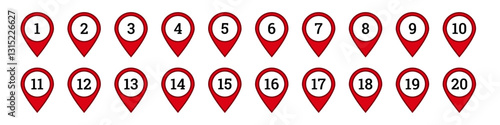 Collection of red map location pins numbered one to twenty, ideal for navigation or map design.