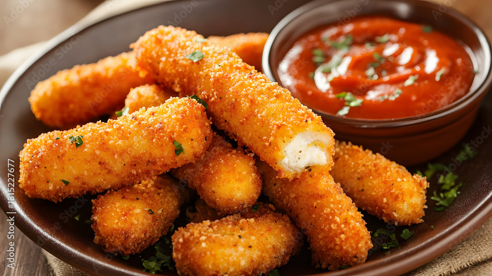 Mozzarella sticks in a spicy golden crust, served with a rich and tangy dipping sauce, a perfect choice for a savory snack. Mozzarella sticks in a spicy golden crust, served with a rich and tangy dipping sauce, a perfect choice for a savory snack.