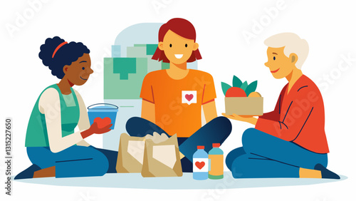 A volunteer coordinator at the food bank takes the time to sit and chat with clients offering a listening ear and a compassionate heart.. Vector illustration